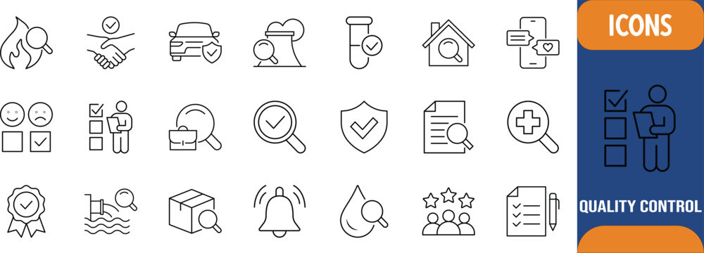 Quality control inspection line icons. magnifier icon set, shield icon set, document icon set