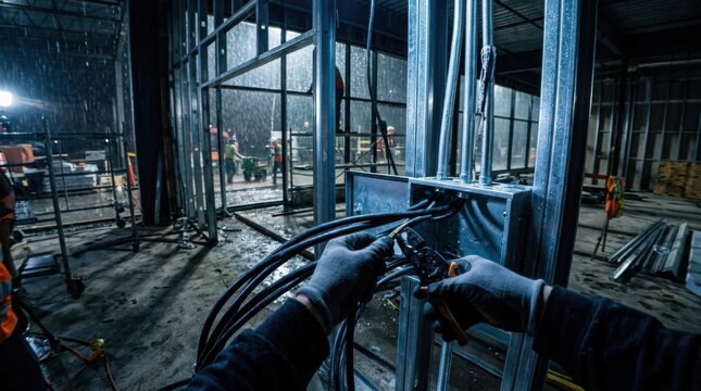 Engineer Working With Wires Inside Of A Structure During Rain