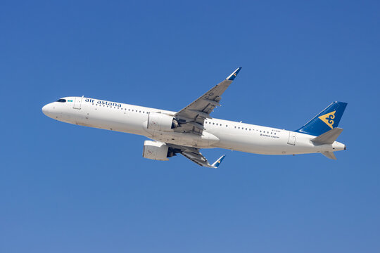 Air Astana Airbus A321neo airplane at Dubai airport in the United Arab Emirates