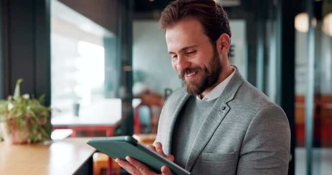 Business man, tablet and scroll with smile in cafe, property developer and online plan for restaurant renovation. Real estate, investor and happy review of digital blueprint, coffee shop and remodel