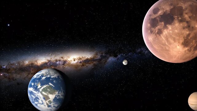 Dramatic Deep Space Display Featuring Earth, Moon and Saturn Surrounded by a Starry Galaxy with Nebula Dust, Digital Render