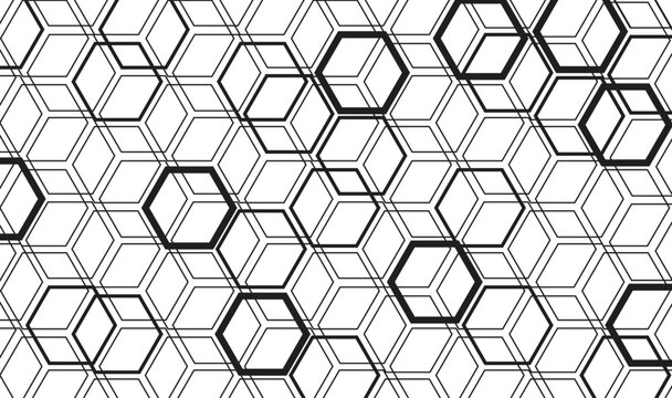 Abstract Black and White Geometric Hexagon Pattern Background. Minimalist Isometric Cube Line Grid Texture Vector Seamless Wallpaper with Outline Shapes 