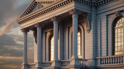 Fototapeta premium Ancient classical columns and stone pillars of a historic monument stand against the city sky in Europe