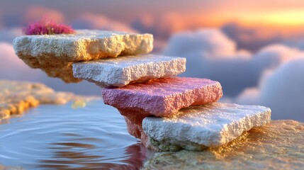 Fototapeta premium Balanced Rock Formations Floating Above Calm Water at Sunset
