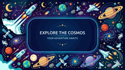 Futuristic space tourism flat vector background, planets, rockets and glowing stars around borders, spacious center copy space for travel promotion   © Maftuh