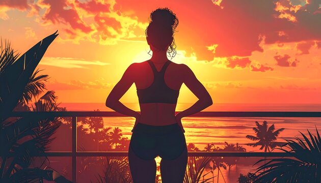 Athletic Woman Silhouette Standing on Balcony at Tropical Ocean Sunset