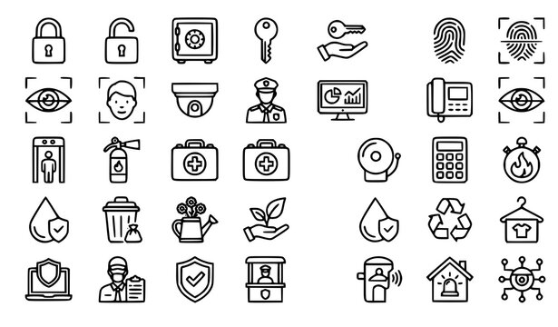 Modern security and environmental care outline icon collection with surveillance safe and monitoring concepts