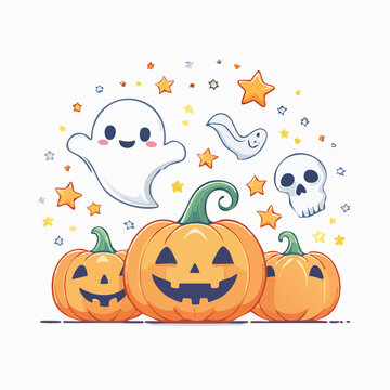 Cute Halloween Characters with Pumpkins and Ghosts