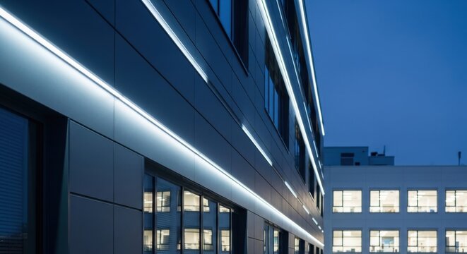 Sleek dark grey composite cladding with integrated linear lighting on a modern building exterior at night