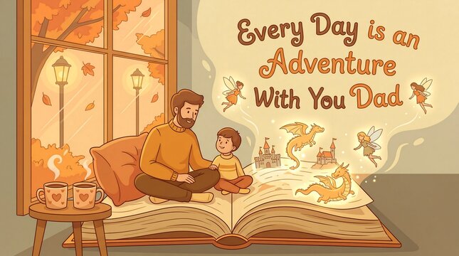 Father and son reading book with fantasy illustrations on a rainy autumn day