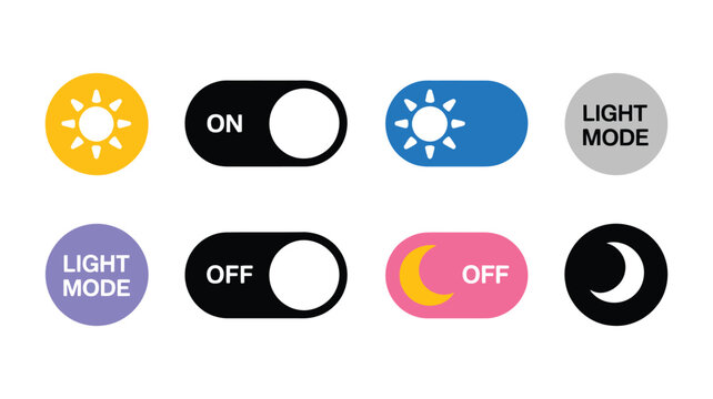 Toggle switch icons displaying day and night mode controls for user interface design, mobile applications, websites, and animation projects. Vector illustration.