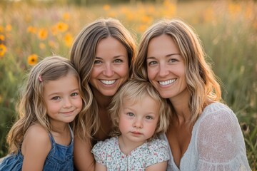 Fototapeta premium Two smiling women and two young girls are posing together in a sunny field of wildflowers during a family photoshoot.