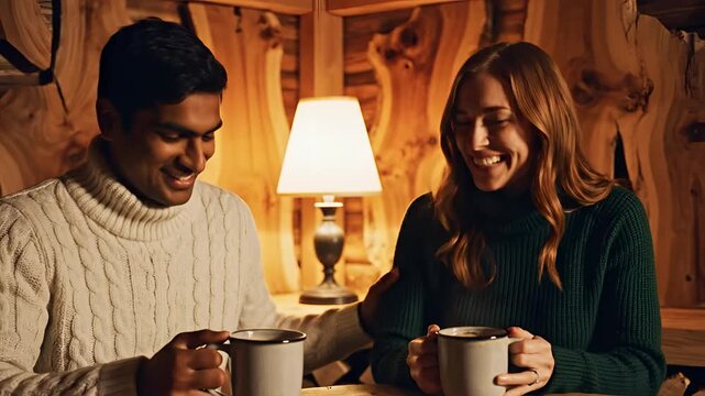 Couple Enjoying Hot Drinks Together in Cozy Cabin Setting.