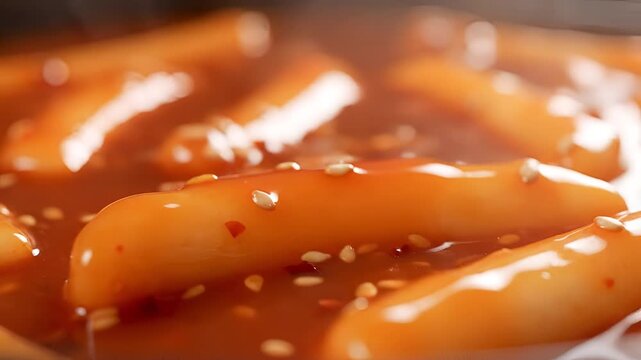 Delicious Korean Tteokbokki being drizzled with spicy sauce close up.