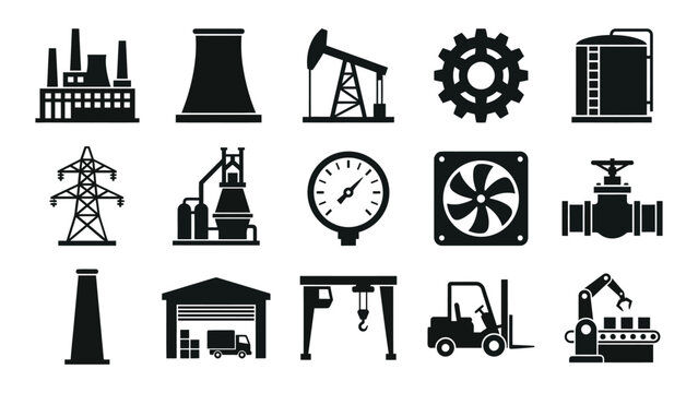 Industrial icons set with factory, oil rig, gear, and machinery symbols