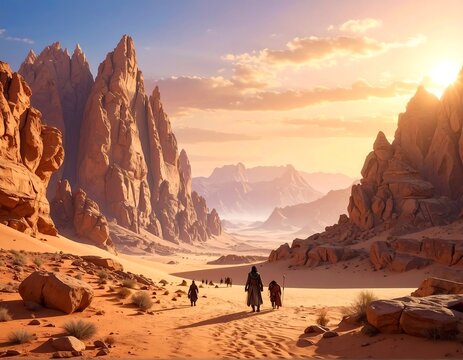 Distant Cloaked Travelers Walking Through Vast Rocky Desert Canyon at Sunset