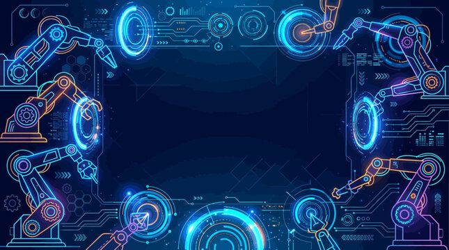 High-tech robotics flat vector background, glowing robot arms and digital circles, dark spacious center for event promotion

