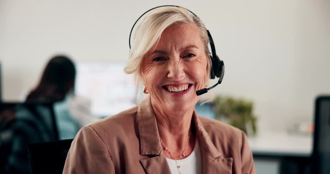 Face, smile and woman in call center for customer support, coworking and laugh at financial help desk. Headset, portrait and mature consultant on hotline for banking assistance, contact us and funny