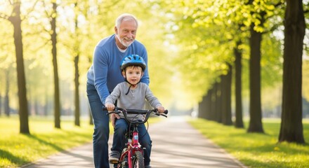Obraz premium Grandfather teaches young child to ride a bicycle in a sunlit park