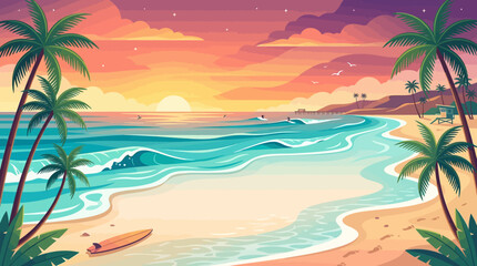 Summer surf flat vector background, beach waves, palm trees and sunset gradients, clean center for travel or event promotion   © Maftuh