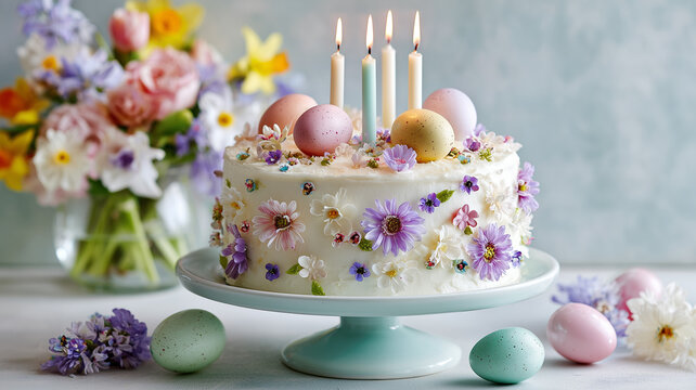 A detailed shot of a festive white frosted cake adorned with small colorful floral accents and multiple pastel easter eggs. four slender, lit candles stand upright on the cake's surface. Ai generated