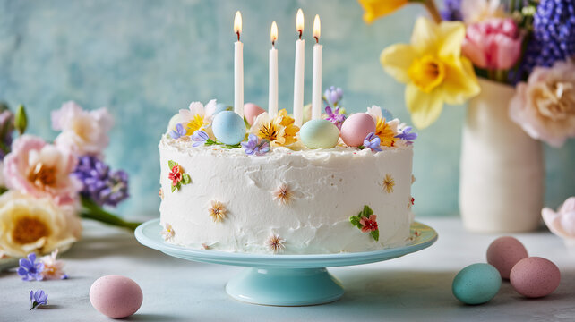 A detailed shot of a festive white frosted cake adorned with small colorful floral accents and multiple pastel easter eggs. four slender, lit candles stand upright on the cake's surface. Ai generated