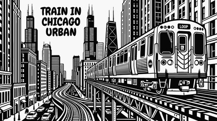 Electric train moving through chicago urban skyline vector illustration black and white railway transportation © Ethan