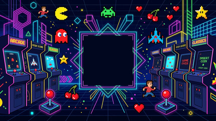 Vintage arcade flat vector background, pixel icons, joysticks and neon geometric shapes, clean empty center for gaming poster   © Maftuh