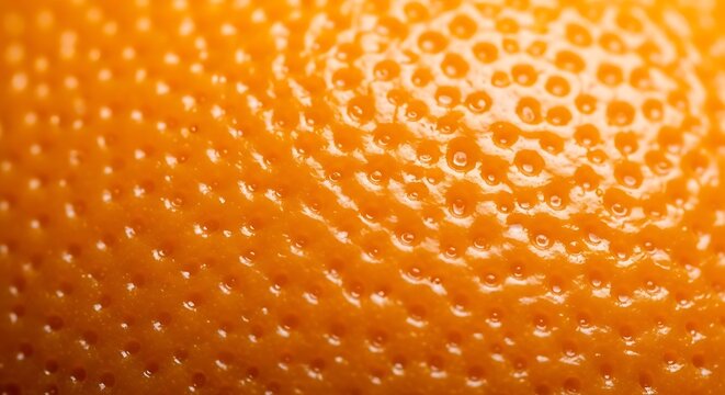 Extreme close-up macro photograph of the textured rind of a ripe orange fruit, highlighting its vibrant color and pitted surface.