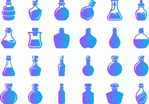 Collection of gradient potion bottles and flasks for science fantasy and alchemy themes.
