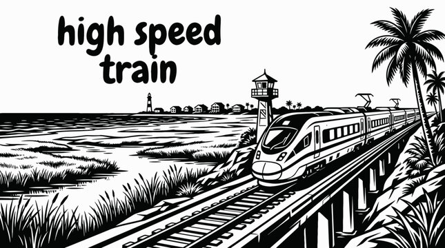 high speed train traveling along florida coastal vector illustration black and white railway modern transportation