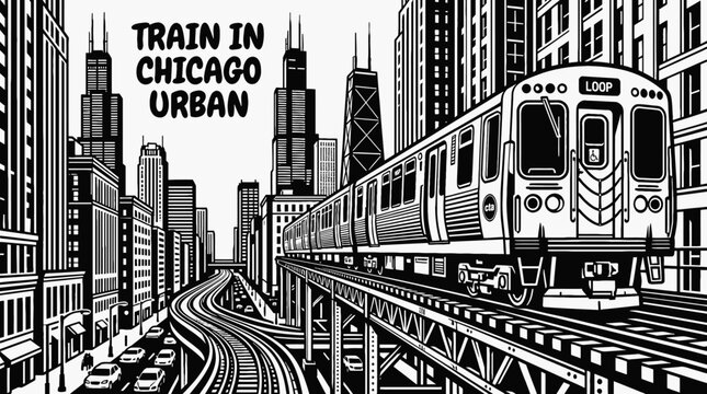 Electric train moving through chicago urban skyline vector illustration black and white railway transportation