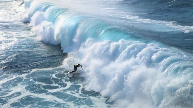Surfer Tames the Colossal Wave: A lone surfer navigates the powerful crest of a massive ocean wave, showcasing skill and courage against the might of nature. The turquoise water churns.