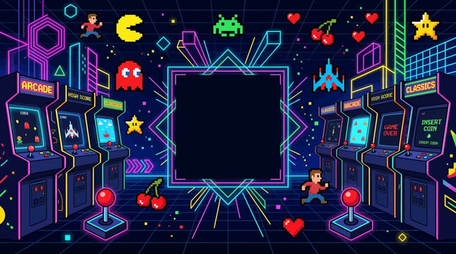 Vintage arcade flat vector background, pixel icons, joysticks and neon geometric shapes, clean empty center for gaming poster

