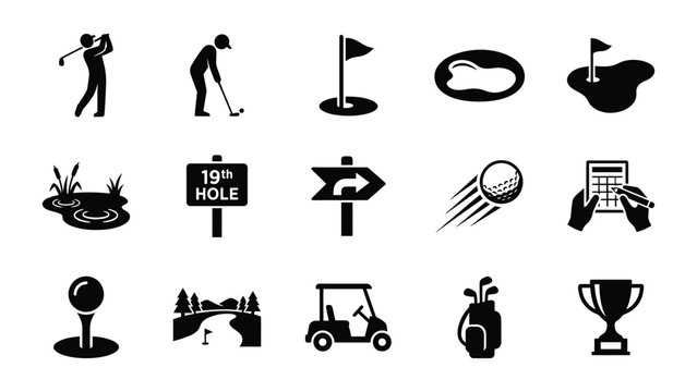 Black golf icons set including player, ball, flag, and trophy