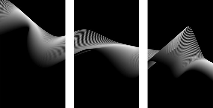 Modern triptych with flowing monochromatic wave lines abstract triptych monochrome geometric minimalist background
