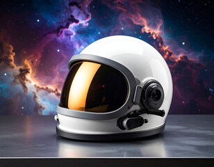 Fototapeta premium White space helmet side view with vibrant nebula background.