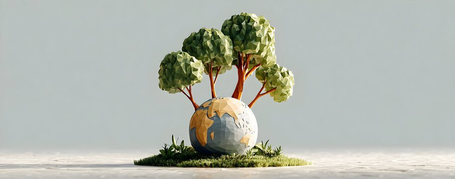 3D low-poly illustration of Earth with trees on top, minimalistic, flat design, simple shapes, light blue background, green and brown colors. generated ai