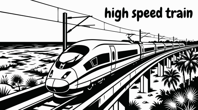 high speed train traveling along florida coastal vector illustration black and white railway modern transportation