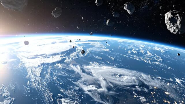 Dramatic View of Earth from Space with Asteroid Field in Blue Tones Showing City Lights and Cloud Formations with Bright Starry Background and Horizon