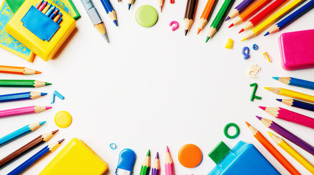 Bright school stationery arrangement with colorful pencils, erasers and educational supplies forming a creative border frame on white background with copy space.