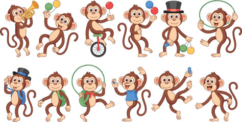Cute Cartoon Monkey Circus Character Set Doing Acrobatics Juggling Playing Trumpet and Riding Unicycle Vector Illustration for Kids Birthday and Kids Theme Decor © Ismail