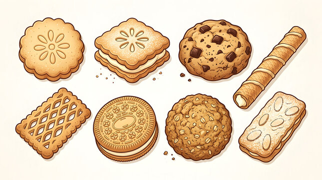 Creative vector illustration of different types of traditional cookies and baked goods. High-quality vector graphics set featuring chocolate, cream-filled, and almond biscuits isolated on a clean back