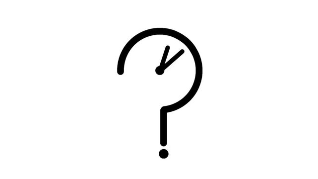 Question mark and clock icon in black outline. Symbol of thinking, decision, planning, waiting, and time management
