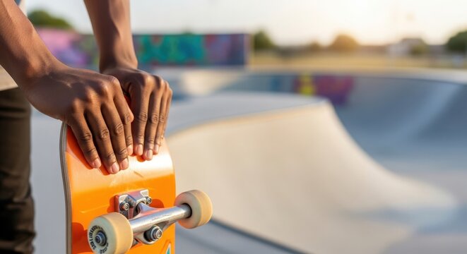 Skateboarder balancing on vibrant orange skateboard at skatepark during sunset. Close-up of hands gripping skateboard with smooth surface and wheels. Concept skateboarding lifestyle and urban sports.