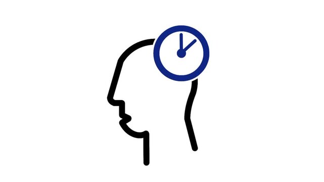 Human head and clock icon representing thinking time, decision making, planning, concentration, and mental process.