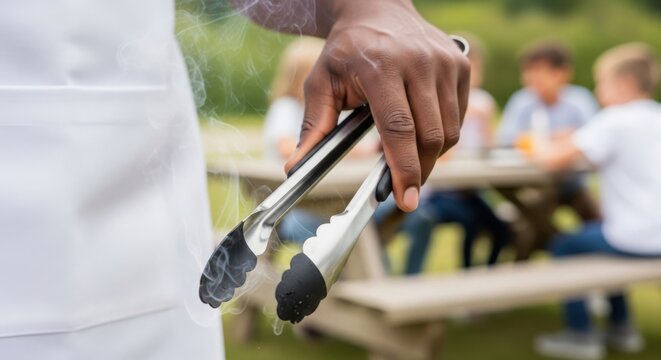 Outdoor barbecue cooking with tongs in hand for family gathering, grill prep includes delicious food sizzling in background. Barbecue experience creates memorable moments during home celebrations.