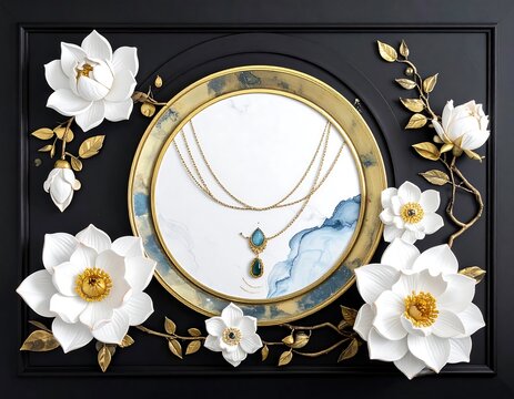 Elegant Gold Necklace Displayed with White Floral Arrangement on Black Decorative Background