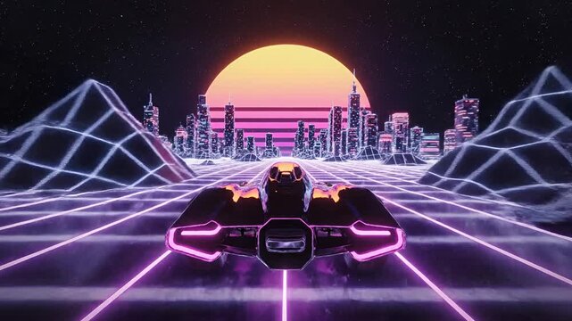 Retro Futuristic Synthwave Racer Speeding Through Neon Cityscape.
