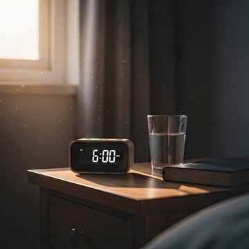 Clock displaying six oclock next to a glass of water on a bedside table